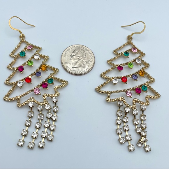 Gold Christmas Tree Chandelier Earrings – Multicolor Rhinestones, Statement - Picture 7 of 8